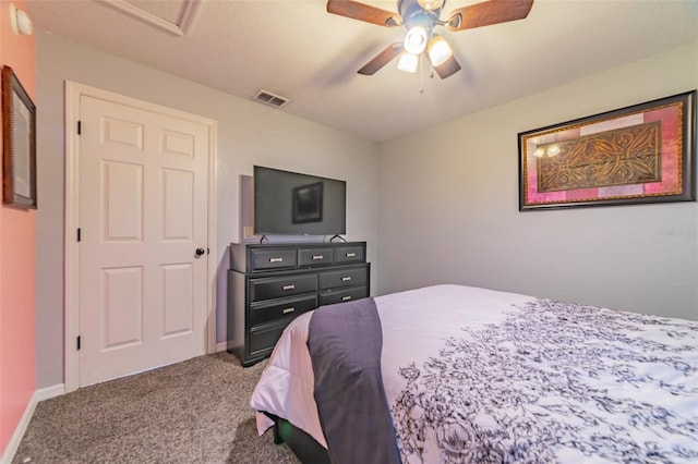 bedroom featuring baseboards, visible vents, carpet floors, and ceiling fan