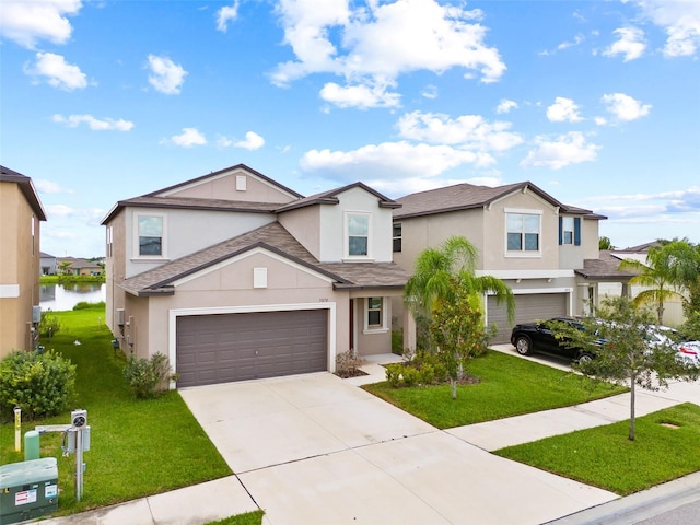 view of front facade featuring a garage, a water view, and a front yard