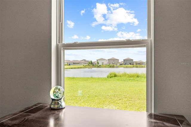 interior space featuring a water view