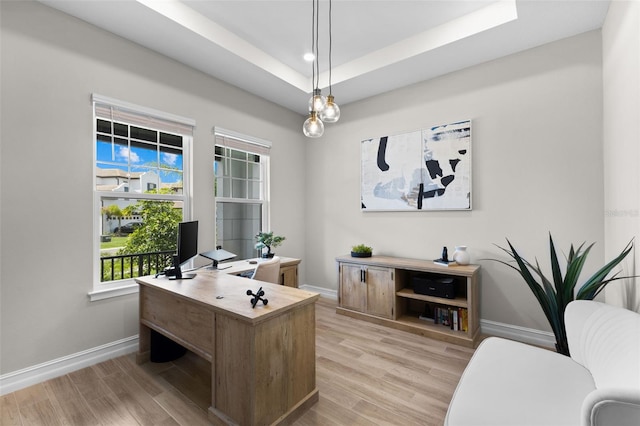 office with a raised ceiling and light hardwood / wood-style flooring