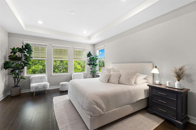 bedroom with a raised ceiling and dark hardwood / wood-style flooring