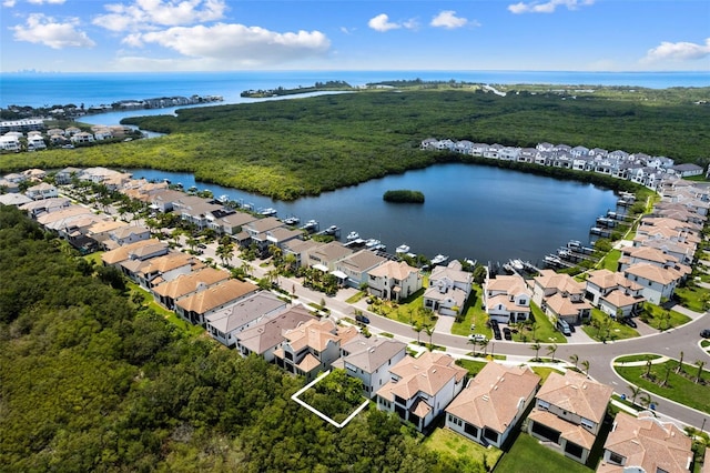 aerial view featuring a water view