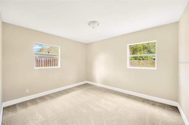 empty room featuring carpet flooring, a wealth of natural light, and baseboards