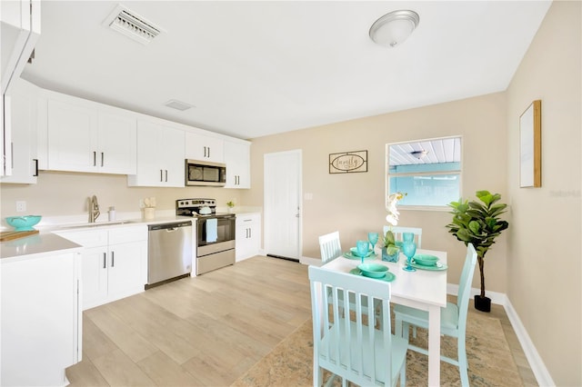 kitchen featuring a sink, visible vents, white cabinetry, light countertops, and appliances with stainless steel finishes