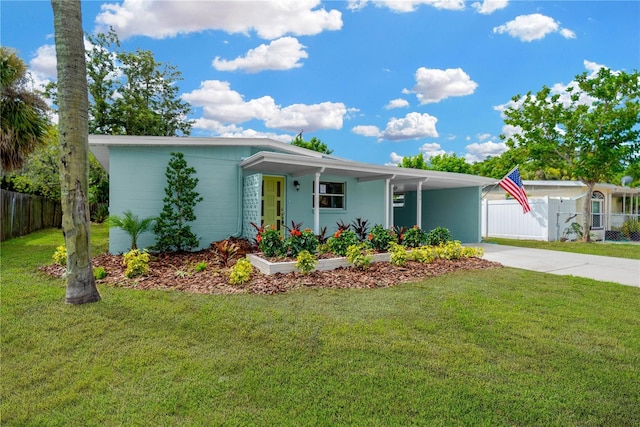 view of front of property with a carport, concrete driveway, a front lawn, and fence