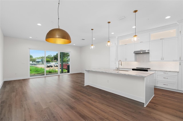 kitchen with dark hardwood / wood-style flooring, a kitchen island with sink, sink, pendant lighting, and white cabinetry