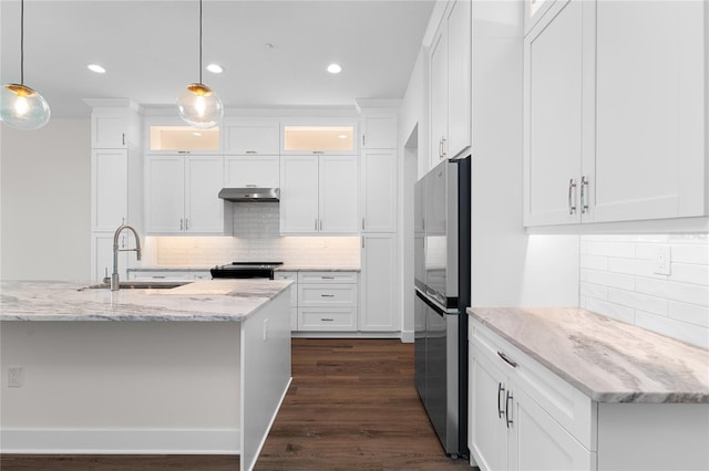 kitchen featuring glass insert cabinets, stainless steel appliances, under cabinet range hood, white cabinetry, and a sink