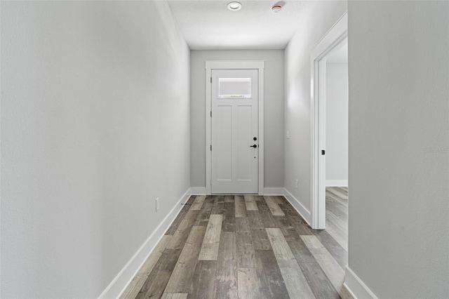 entryway with baseboards and wood finished floors