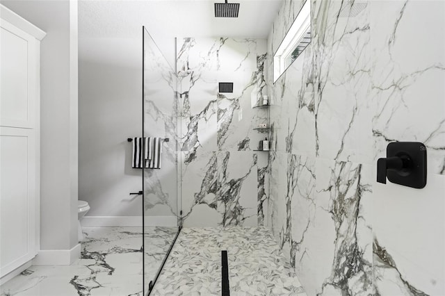 full bath with toilet, stone wall, a marble finish shower, and visible vents