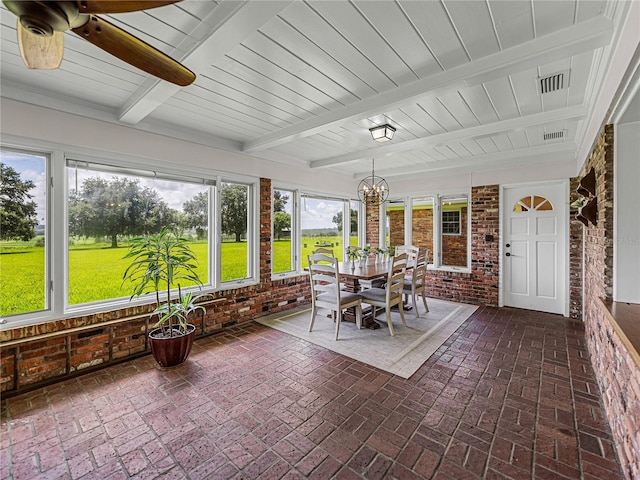 unfurnished sunroom with wood ceiling, beamed ceiling, and an inviting chandelier