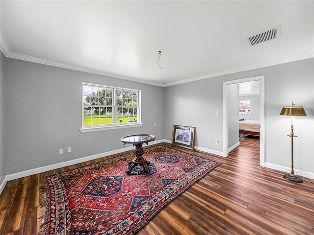 misc room featuring a wealth of natural light, dark hardwood / wood-style floors, and ornamental molding