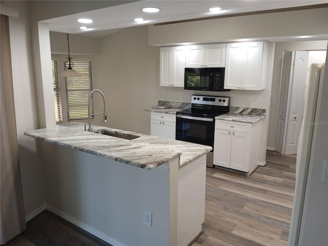 kitchen featuring stainless steel electric stove, white cabinets, kitchen peninsula, and sink