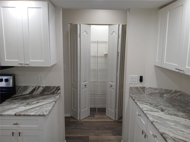 kitchen with white cabinets, dark hardwood / wood-style flooring, and light stone countertops