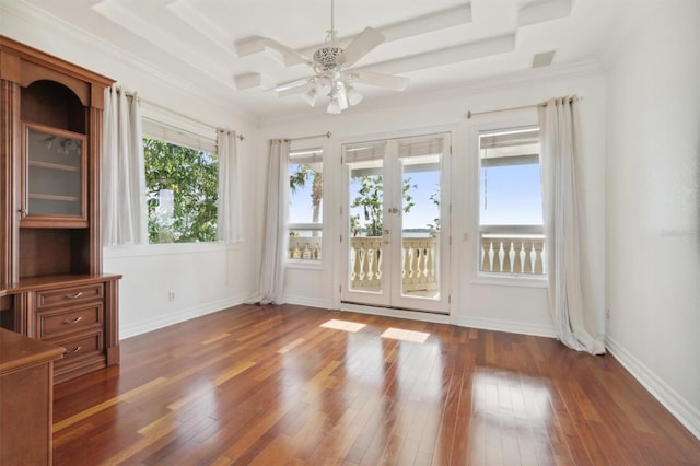 unfurnished room with french doors, dark wood-style flooring, a ceiling fan, and baseboards