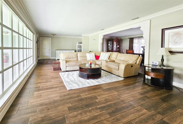 living room with crown molding