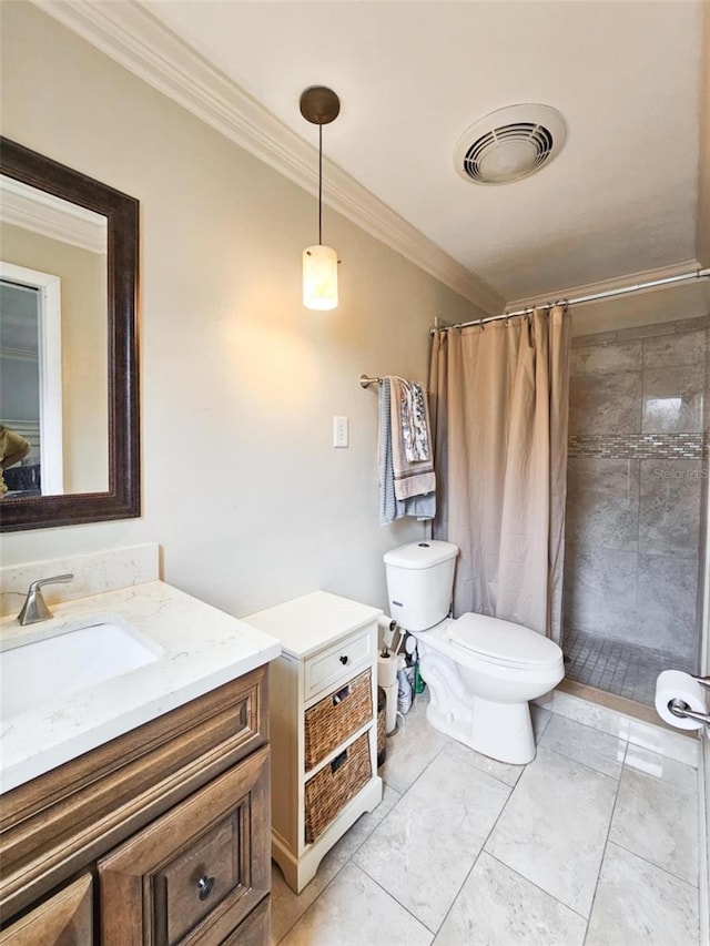 bathroom featuring toilet, vanity, ornamental molding, and a shower with curtain