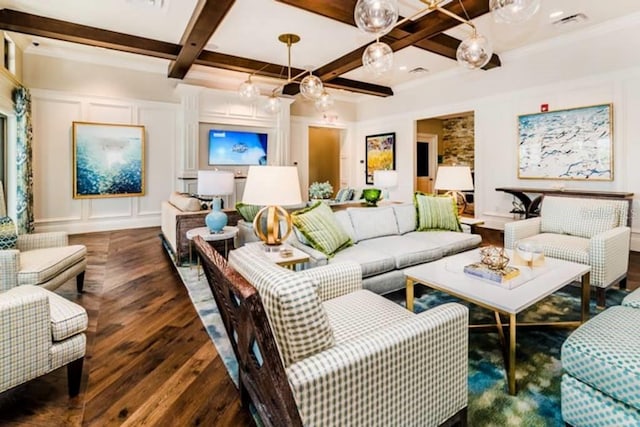 living room featuring beam ceiling, coffered ceiling, and dark wood-type flooring