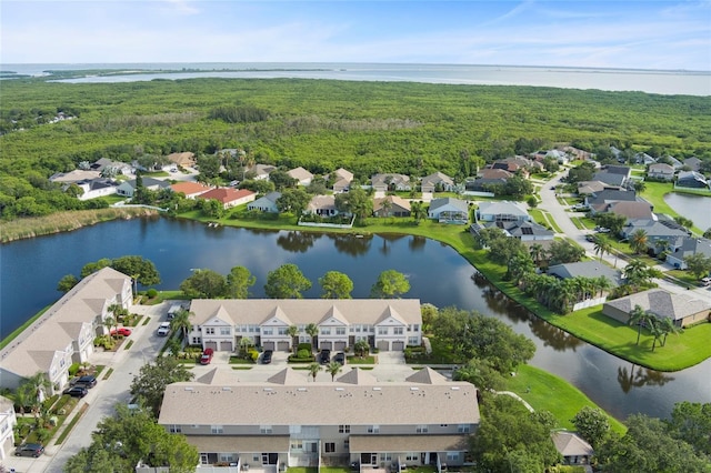 bird's eye view with a water view