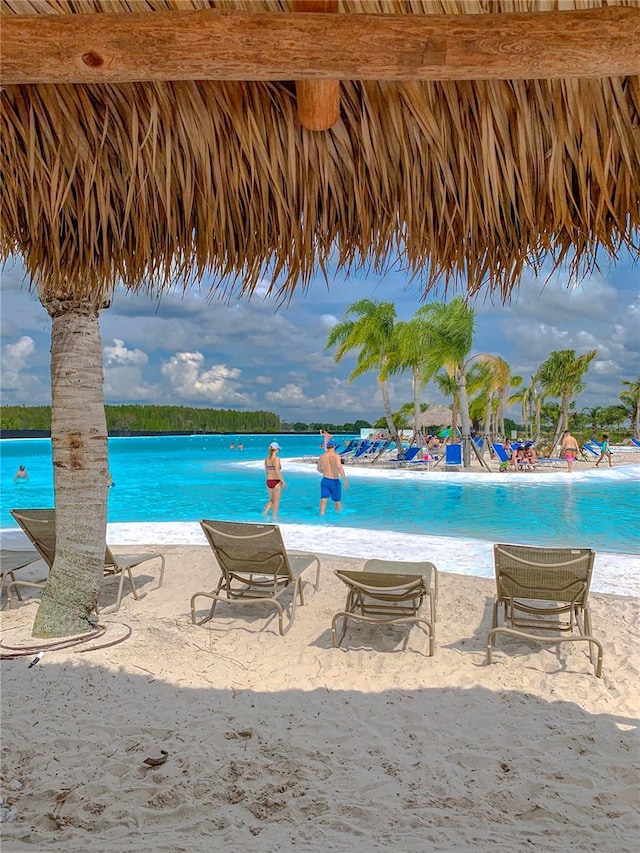 view of pool with a water view and a beach view