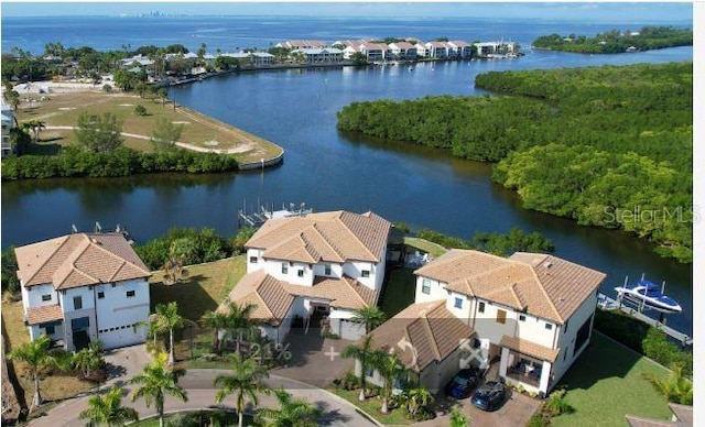 aerial view featuring a water view