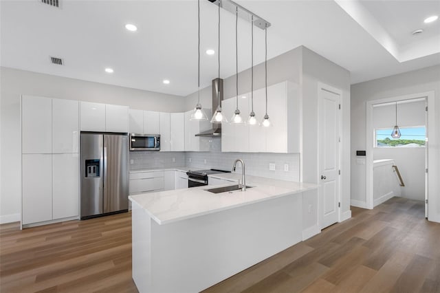 kitchen featuring sink, appliances with stainless steel finishes, white cabinetry, hanging light fixtures, and kitchen peninsula