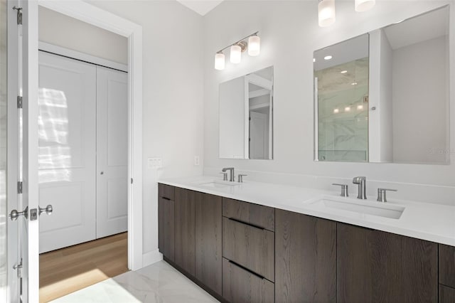 bathroom with vanity and a shower