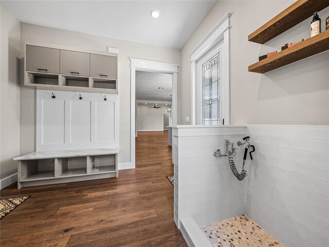 mudroom with dark hardwood / wood-style floors