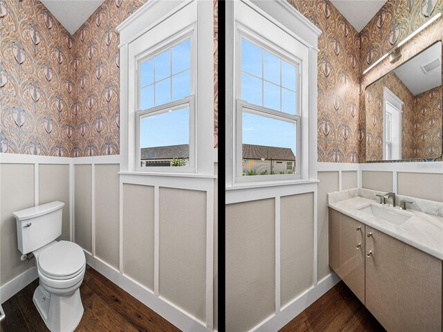 bathroom with vanity, toilet, and hardwood / wood-style floors