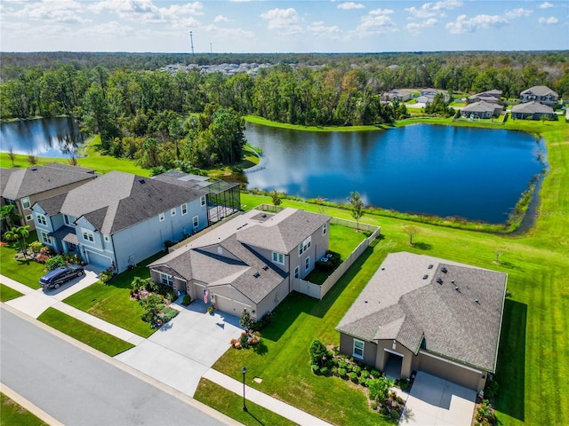 birds eye view of property featuring a water view