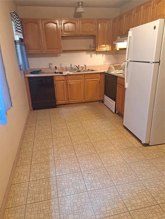 kitchen featuring light tile patterned flooring, custom exhaust hood, tasteful backsplash, white appliances, and sink