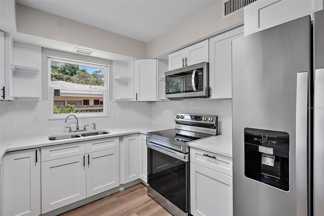 kitchen featuring tasteful backsplash, white cabinets, sink, appliances with stainless steel finishes, and light hardwood / wood-style flooring