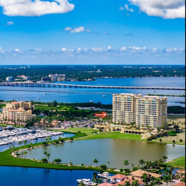 aerial view featuring a water view