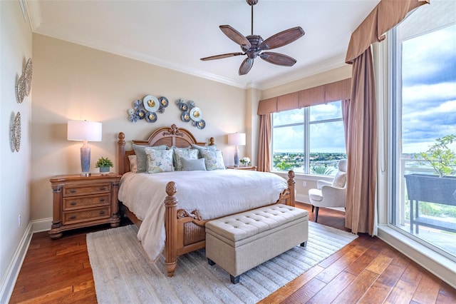 bedroom with crown molding, wood-type flooring, ceiling fan, access to outside, and baseboards