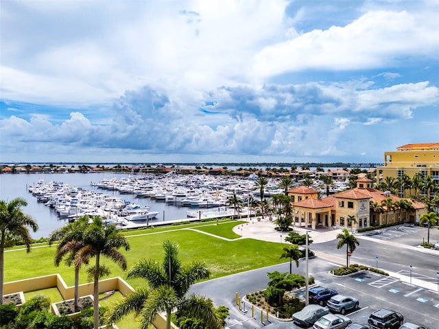 aerial view featuring a water view