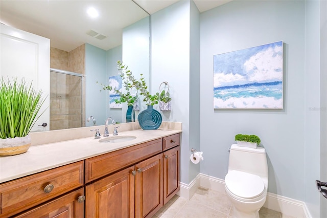 bathroom with visible vents, toilet, tile patterned flooring, vanity, and a shower stall