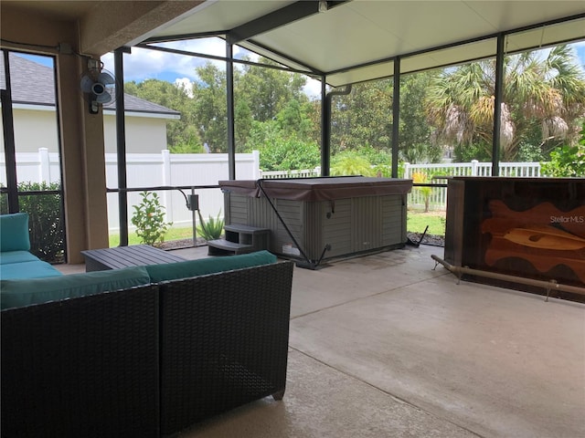 sunroom / solarium with lofted ceiling with beams