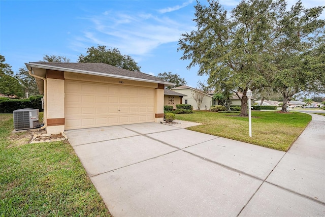 single story home featuring central AC and a front lawn