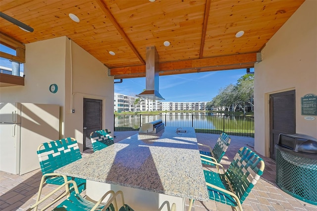 view of patio featuring a water view