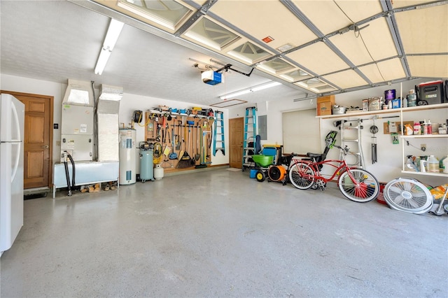 garage featuring a garage door opener, electric water heater, and white fridge