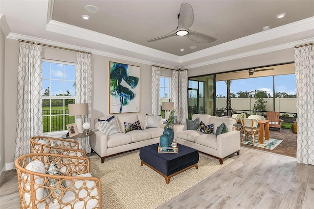 living room featuring a raised ceiling, a healthy amount of sunlight, and light hardwood / wood-style flooring