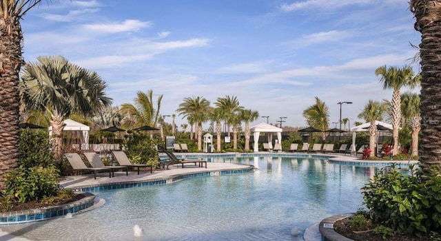 view of pool featuring a gazebo and a patio