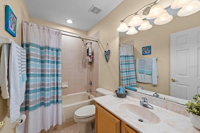 full bathroom featuring vanity, toilet, tile patterned floors, and shower / bath combination with curtain