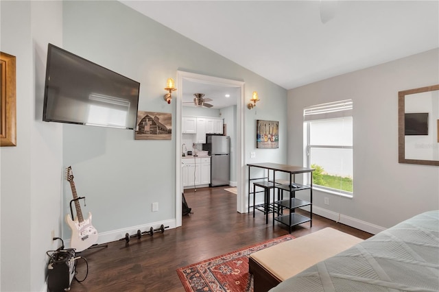 living room with vaulted ceiling and dark wood-type flooring