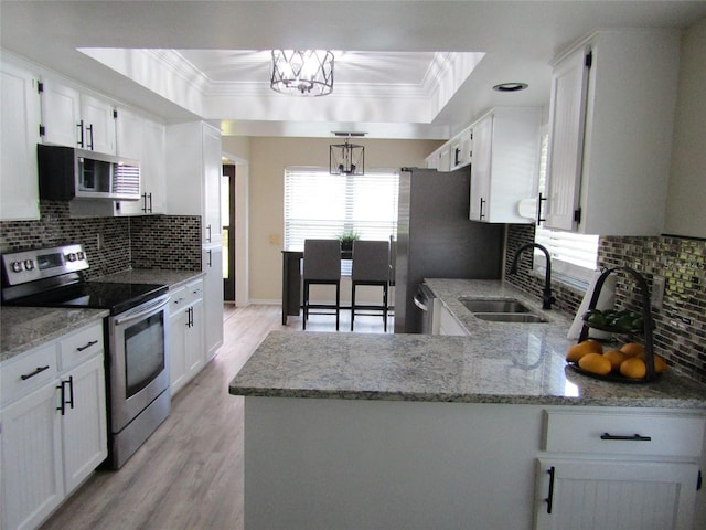 kitchen with kitchen peninsula, appliances with stainless steel finishes, sink, and white cabinetry