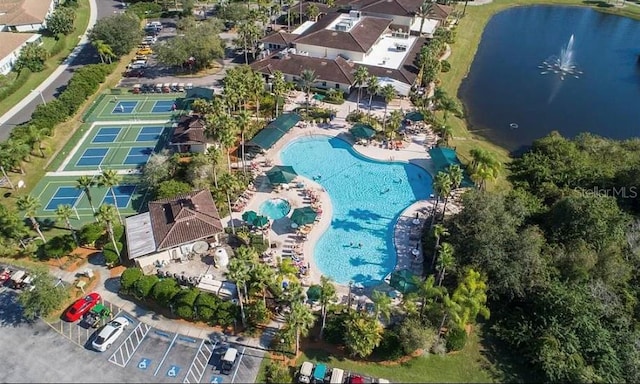 aerial view featuring a water view