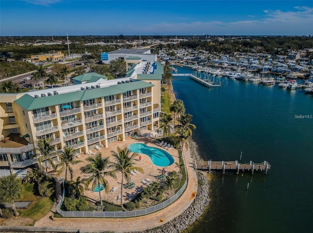 birds eye view of property featuring a water view