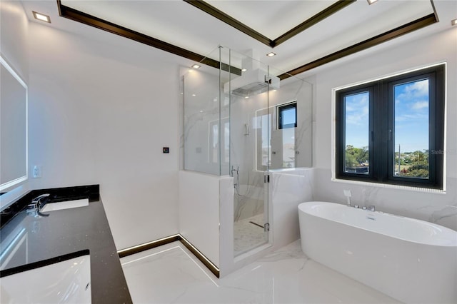 bathroom with vanity and plus walk in shower