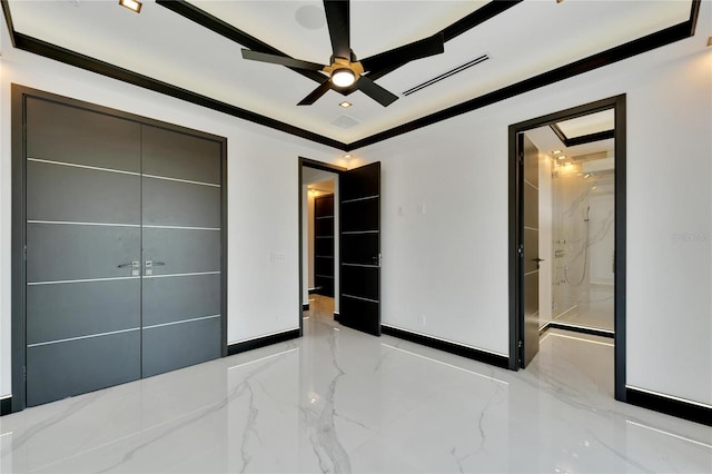 unfurnished bedroom with ceiling fan, a closet, and ornamental molding