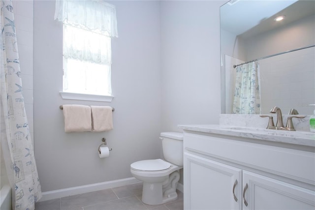 full bathroom featuring toilet, tile patterned flooring, shower / bathtub combination with curtain, and vanity