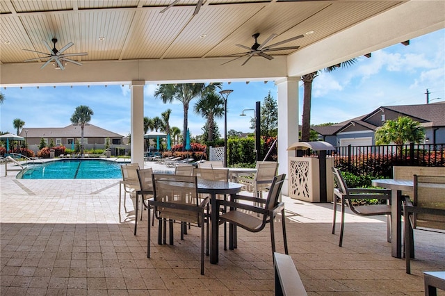 view of patio featuring ceiling fan and a fenced in pool